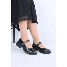 Lolyvibe Mary Jane Kadın Ayakkabı Loafer Siyah Cilt