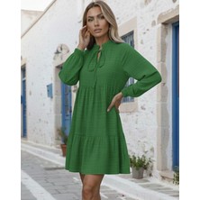 Fresco Scarfs Kadın Uzun Kollu Yakadan Bağcıklı Fırfırlı Keten Mini Elbise