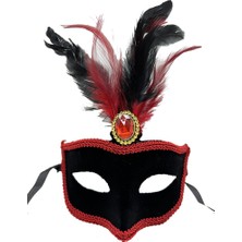 isiltikidsmoda Kırmızı Dantelli Siyah Kırmızı Tüylü Siyah Süet Kaplama Parti Maskesi 17X25 cm