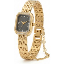 Baghes Kadın Gold Metal Kordon Siyah Kadran Bileklik Detaylı Şık Kol Saati