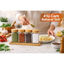 Tiran 5 Parça Bambu Standlı-Kapaklı, Cam Baharatlık Seti, Kare Tasarım, Baharatlık,tuzluk,karabiberlik