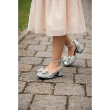 Işıltılı ve Taşlı Fiyonklu Kız Çocuğu Topuklu Abiye Ayakkabısı