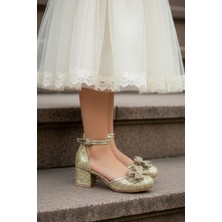 Işıltılı ve Taşlı Fiyonklu Kız Çocuğu Topuklu Abiye Ayakkabısı