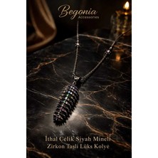 Begonia Accessories Ithal Çelik Siyah Mineli Kolye Zincir Set Figürlü Zirkon Taş Paslanmaz Kararmaz Unisex 45CM+5CM Boy - 3