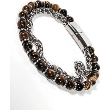 Moncuk Design Çelik Zincirli Kaplan Gözü ve Hematit Taşlı Bileklik – Güç, Odaklanma ve Özgüven Enerjisi-21 cm