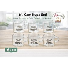 Tiran 6’lı 120 ml Kulplu Cam Fincan,good Morning Yazılı,çizgili Cam Kupa Espresso Türk Kahvesi Fincanı
