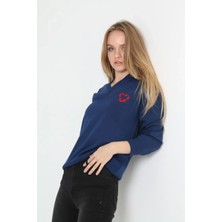 Alfanora Uzun Kol V Yaka Baskılı Dokuma Triko - Indigo