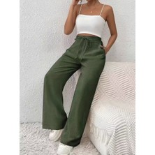 Gökyüzü Moda Kadın Yüksek Bel Önden Bağlamalı Geniş Kesim Keten Pantolon