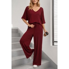 Gökyüzü Moda Kadın Kısa Kollu V Yakalı Viskon Bluz ve Pantolon Ikili Takım