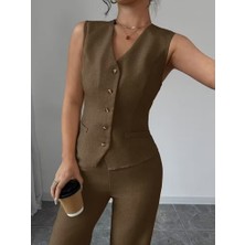 Barış Beauty Kadın Askılı Önden Düğmeli Bluz ve Pantolon Keten Ikili Takım