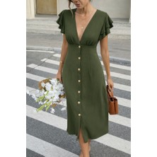 Kendim Fashion Kadın Kısa Kollu V Yakalı Önden Düğmeli Bürümcük Midi Elbise