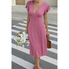 Gökyüzü Moda Kadın Kısa Kollu V Yakalı Önden Düğmeli Bürümcük Midi Elbise