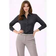 Mericline Uzun Kollu Gömlek Düğmeli Klasik Yaka Günlük ve Ofis Şıklığına Uygun - Füme