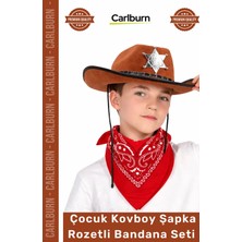 Carlburn #kostüm Western Parti Doğum Günü Kostüm Çocuk Kovboy Şapka Rozetli Kahverengi Kırmızı Bandana Seti