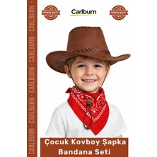 Carlburn #kostümseti Western Parti Kostüm Uyumlu Konfor Çocuk Kovboy Şapka Kahverengi Kırmızı Bandana Seti