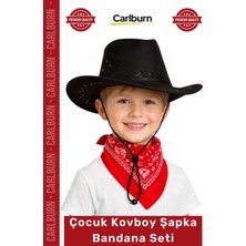 Carlburn #kostümseti Western Temalı Şık Kostüm Aksesuarı Çocuk Kovboy Şapka Siyah Kırmızı Bandana Seti
