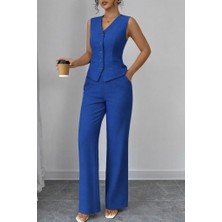 Gökyüzü Moda Kadın Askılı Önden Düğmeli Bluz ve Pantolon Keten Ikili Takım