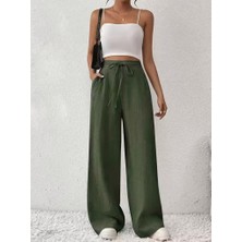 Nidam Butik Kadın Yüksek Bel Önden Bağlamalı Geniş Kesim Keten Pantolon