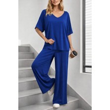 Arben Boutique Kadın Kısa Kollu V Yakalı Viskon Bluz ve Pantolon Ikili Takım