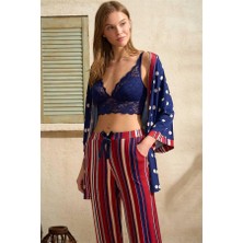 Aria's Closet Arias Closet Viskon Puantiyeli Sabahlık Balensiz Desteksiz Dolgusuz Dantelli Bralet Sütyen ve Çizgili Pantolon Pijama 3'lü Takım