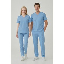 Pratik Medikal Alaskan Blue Likralı Scrubs Doktor Hemşire Forması Yarasa Kol Takım Unisex