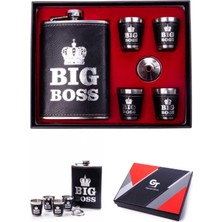 MiraLive Big Boss Çelik Matara Hediye Seti Deri Kaplamalı Içki Viski Votka Konyak Matarası 4 Shot Bardaklı