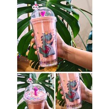 MiraLive Sevimli Dino Temalı Çift Katman 450 ml Suluk Pipetli Mika Matara Pembe 2769