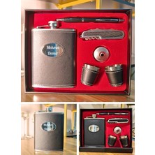 MiraLive Isme Özel Çelik Matara Hediye Seti Deri Kaplamalı 2 Shot Bardaklı Çok Işlevli Çakı ve Kalemli Içki K