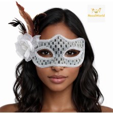 LTG Nova Mey Ithalat® Gümüş Renk Tüylü Balo Maskesi Kadın Parti Aksesuarı