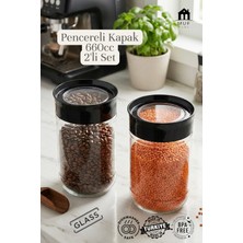 Muf Home 2'li Çekmece Içi Üstten Pencereli Cam Kavanoz Seti Pratik Siyah Kapaklı Saklama Kabı 660 ml Bpa Free