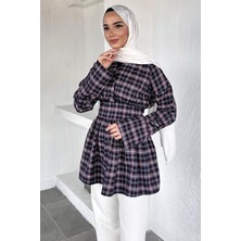 Julude Gülseli Kadın Kruvaze Yaka Ekose Desenli Tesettür Tunik P-00020428