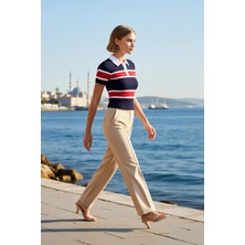 Benerly Kadın Bluz Polo Yaka Kısa Kol Triko Ince Fitilli Desenli Fitted Kesim Regular Boy Günlük Kullanım