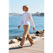 Benerly Kadın Bluz Şal Yaka Uzun Kol Çizgili Dokuma Kumaş Regular Kalıp Casual Günlük Stil Estetik
