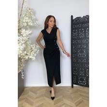 G1742 Düğme Detaylı Kalem Elbise Siyah