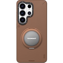 Galaxy S26 Ultra Kılıf M-Safe Uyumlu 360 Standlı Mat Deri Desenli Youngkit Tech Leather Kapak Kahve