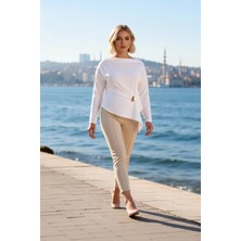 Benerly Kadın Büyük Beden Bluz Asimetrik Yaka Uzun Düşük Kol Dokuma Kumaş Relaxed Kalıp Düz Desen Şık