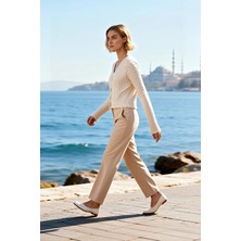 Benerly Kadın Bluz Regular Kalıp V Yaka Uzun Ispanyol Kol Gofre Dokulu Örme Esnek Asimetrik Siluet