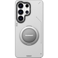 Galaxy S26 Ultra Kılıf M-Safe Uyumlu 360 Standlı Mat Deri Desenli Youngkit Tech Leather Kapak Gri