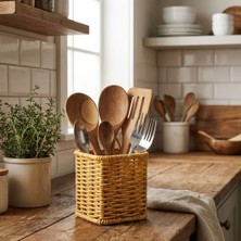 Mcg® Kare Hasır Dokulu Plastik Rattan Kaşıklık & Çatallık - Askılı Kendiliğinden Tutmalı Çok Amaçlı Mutfak Organizeri