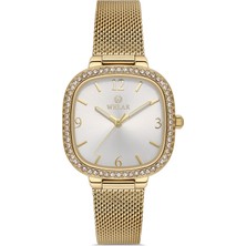 Welar WEL2512-3 Altın Çelik Hasır Kordon Kare Taşlı Zarif Kadın Kol Saati 3 Atm Su Geçirmez