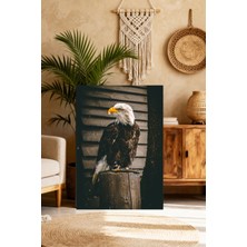 Mushen Studio Kel Kartal Portresi Tablo - Ahşap Perch Üzerinde Gerçekçi Doğa Fotoğrafı Duvar Sanatı