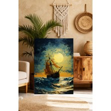 Mushen Studio Fırtınalı Denizde Yelkenli Gemi Tablo - Dolunaylı Gece Deniz Manzarası Duvar Sanatı