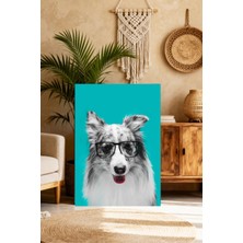 Mushen Studio Gözlüklü Sevimli Border Collie Tablo - Turkuaz Fonlu Komik Köpek Portresi Duvar Sanatı