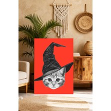 Mushen Studio Şapkalı Sevimli Kedi Tablo - Cadı Şapkası Kedi Portresi Duvar Sanatı