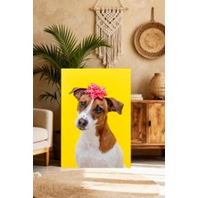 Mushen Studio Kırmızı Fiyonk Takmış Jack Russell Terrier Tablo - Sarı Fonlu Sevimli Köpek Portresi Duvar Sanatı