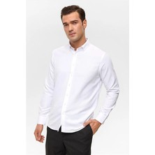 Süvari Beyaz Slim Düğmeli Yaka Cepsiz Casual Gömlek