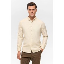 Süvari Bej Slim Düğmeli Yaka Cepsiz Casual Gömlek