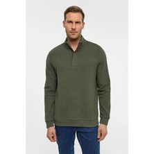 Süvari Haki Regular Düz Fermuarlı Polo Yaka Sweatshirt