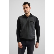Süvari Siyah Regular Düz Fermuarlı Polo Yaka Sweatshirt