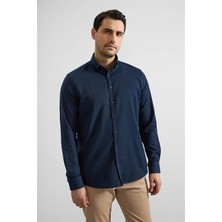 Süvari Lacivert Regular Düğmeli Yaka Düz Cepsiz Casual Gömlek